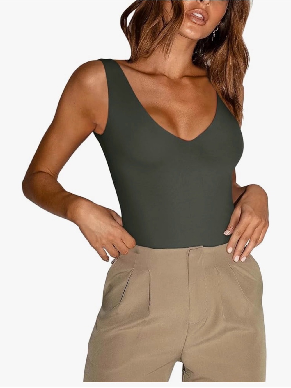 V-Neck Sleeveless Women’s Bodysuit in Olive Green